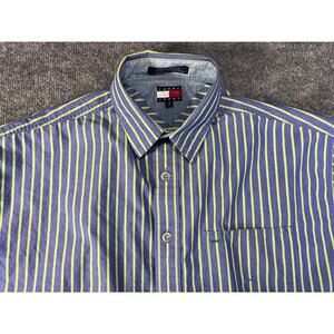 Vintage TOMMY HILFIGER Mens M Shirt Long-Sleeve Metal-Buttons Blue-Green-Striped